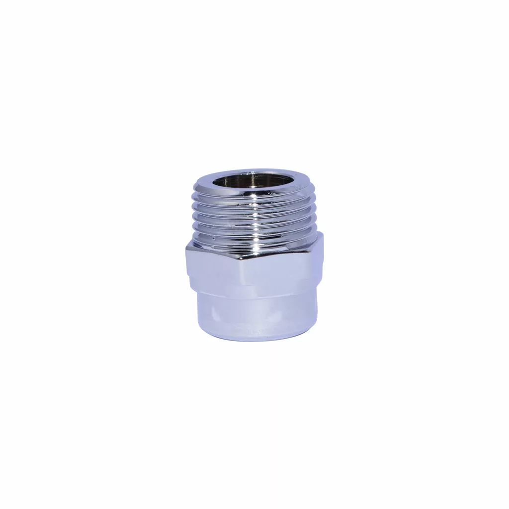 The Elektra 00041021 Chrome Gauge Glass Nut is a metal pipe fitting with external threads on the top half and a hexagonal middle section, shown isolated on a white background. © 2025 1st-line.com