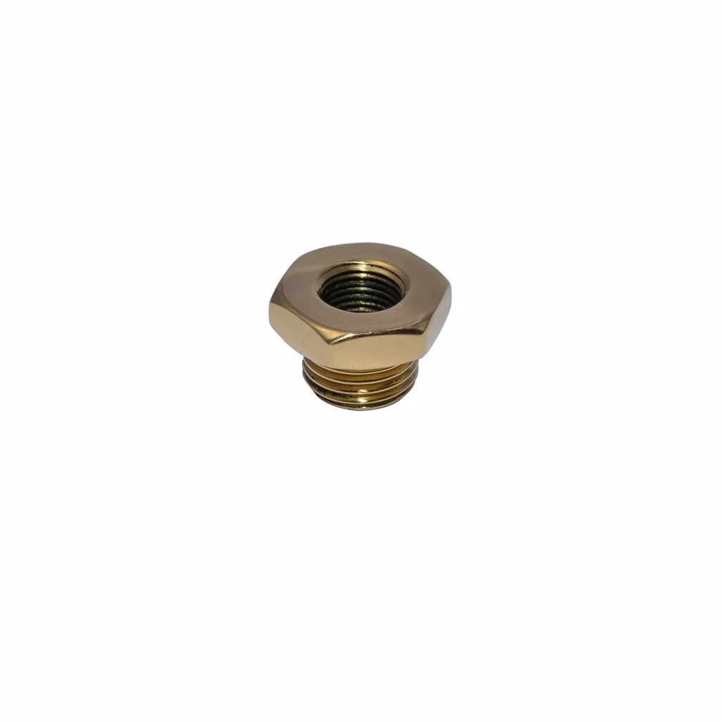 The Elektra 00142019 brass adapter features a hexagonal metallic design with 1/8 female internal and 1/4 male external threads, shown isolated on a white background. © 2025 1st-line.com