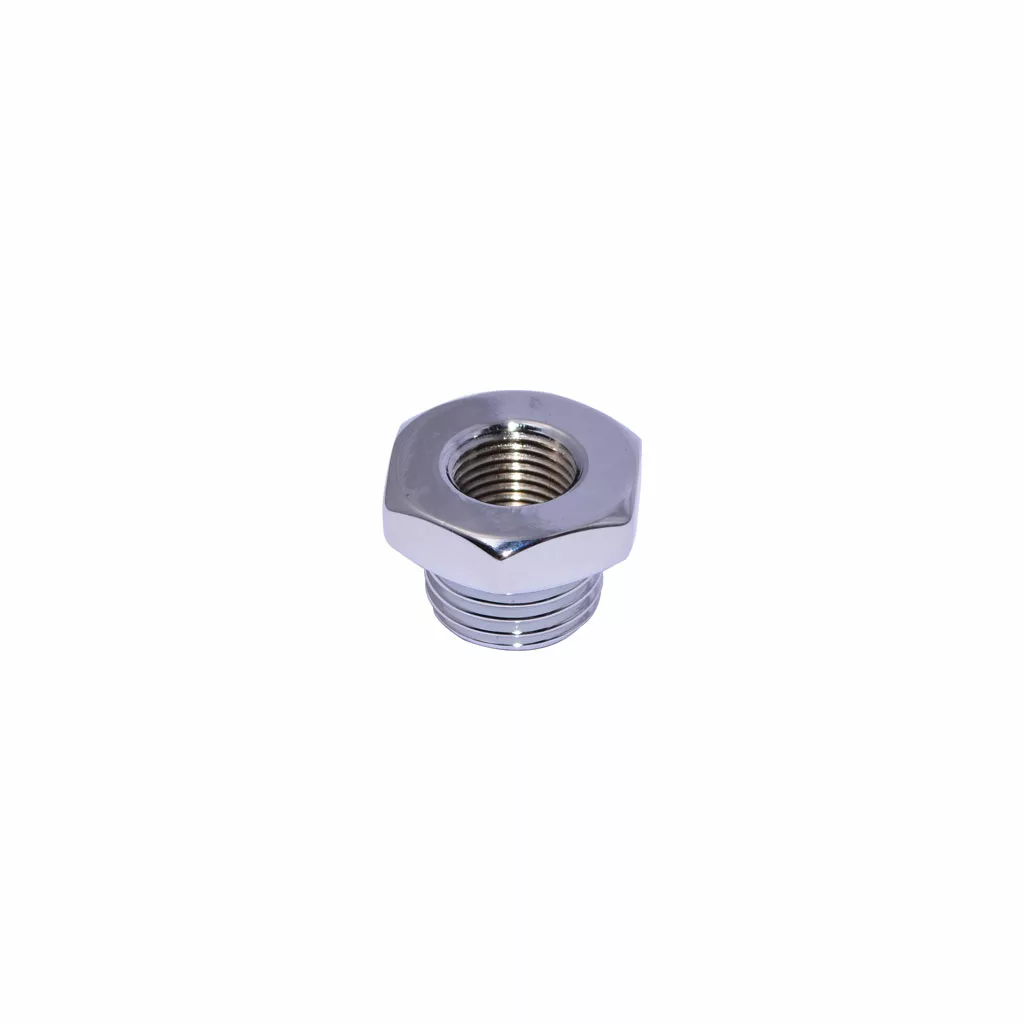 The Elektra 00142021 Chrome Adapter (1/4 male to 1/8 female) hexagonal nut with internal threading, displayed centered on a plain white background. © 2025 1st-line.com