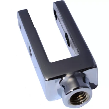 The Elektra 00178021 Chrome Lever Fork features a U-shaped connector with a threaded base hole and two parallel arms, each with a side hole, all shown against a white background. © 2025 1st-line.com