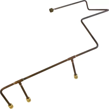 The Elektra 00527011 pipe features multiple bends and three brass fittings, connecting a one-way valve to flowmeters. Commonly used in plumbing or gas lines, it is shown against a white background. © 2025 1st-line.com