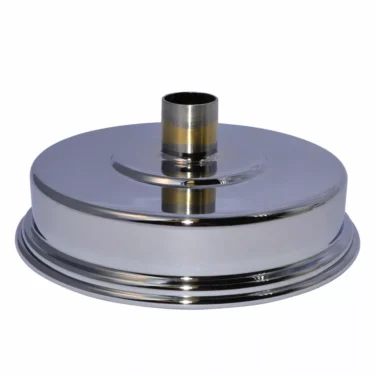 The Elektra 00570097 Small Chrome Plate Support is a shiny, metallic, circular part with a raised center and a cylindrical tube, designed for industrial or mechanical applications. © 2025 1st-line.com