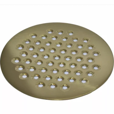 The Elektra 00571019 Small Plate (BRASS) for Belle Epoque features a round drain cover with concentric circles of evenly spaced holes, showcasing classic elegance against a white background. © 2025 1st-line.com