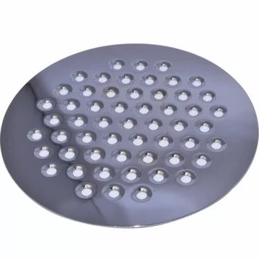 The Elektra 00571021 Small Plate for Belle Epoque - Chrome is a round, silver drain cover with concentric circular holes, offering a refined Belle Epoque look. © 2025 1st-line.com