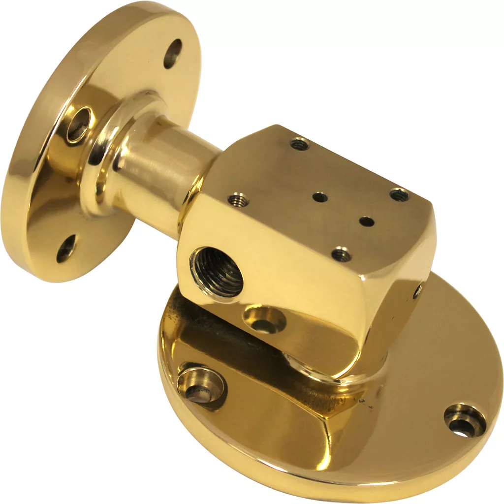 The Elektra 00604019 Brass Grouphead / Delivery Unit features a shiny brass swivel mount with two round plates—one flat, one angled—joined by a rectangular connector with threaded holes and a central opening. © 2025 1st-line.com
