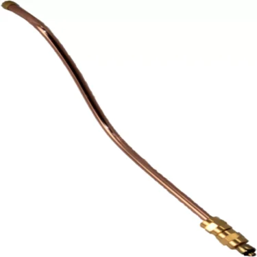 The Elektra 00607038 pipe, designed for water flow from the reservoir to the base in Elektra SemiAutomatica machines, features a curved copper body with brass fittings at both ends, shown isolated on a white background. © 2025 1st-line.com