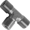 The Elektra 00620035 Union T Joint Fitting is a metal, T-shaped connector with three threaded male ends, ideal for joining pipes or hoses in plumbing or mechanical systems. © 2025 1st-line.com