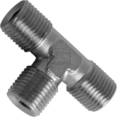 The Elektra 00620035 Union T Joint Fitting is a metal, T-shaped connector with three threaded male ends, ideal for joining pipes or hoses in plumbing or mechanical systems. © 2025 1st-line.com
