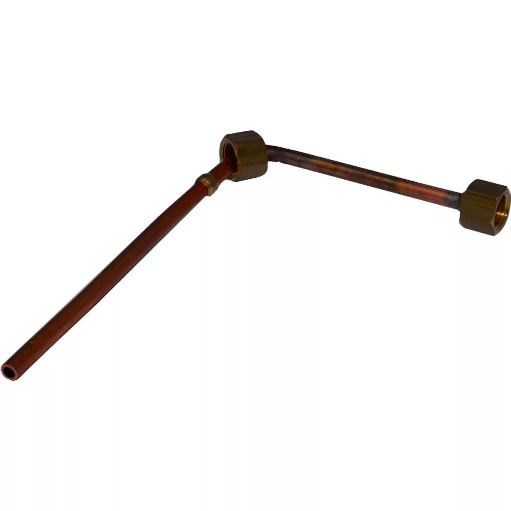 The Elektra 00629035 Presurstat Tube - Microcasa features a copper pipe with twin hexagonal brass connectors forming an angled joint, ideal for Elektra or Microcasa machines. The fitting is shown isolated on a white background. © 2025 1st-line.com