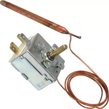 The Elektra 00659035 Thermostat has a metal body, copper capillary tube, and sensing bulb for accurate temperature control. It features electrical terminals and a rotating adjustment shaft for appliance use. © 2025 1st-line.com