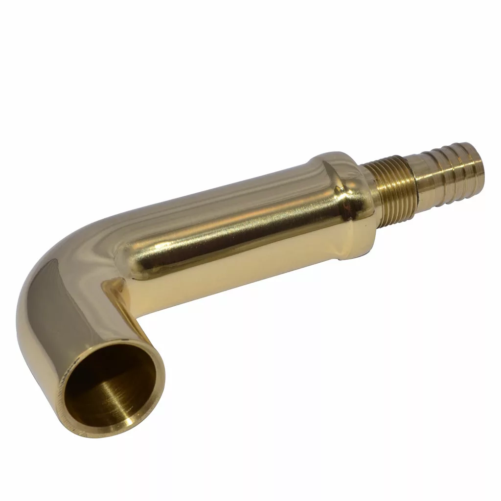 The Elektra 01468019 Small Drain Tube for Belle Epoque features a polished brass finish and a 90-degree bend; its threaded on one end, smooth on the other—ideal for plumbing or fluid transfer connections with an elegant touch. © 2025 1st-line.com