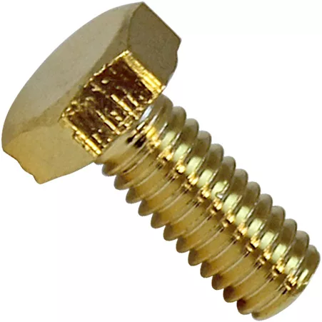 The Elektra 01839026 Gold Grouphead Screw M 6x14 is a shiny brass hex bolt with a threaded shaft and hexagonal head, shown against a white background. © 2025 1st-line.com