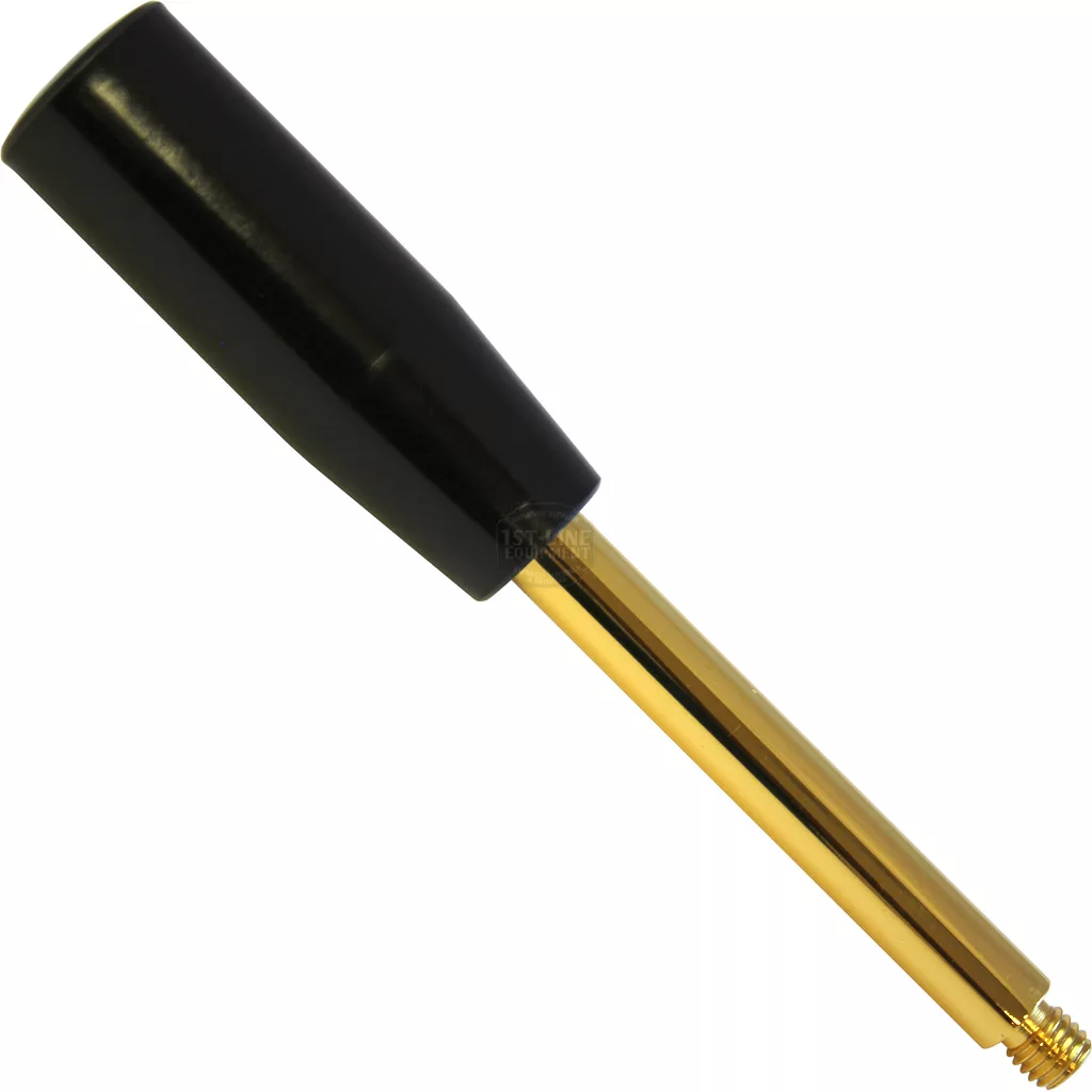 The Elektra 01975038 Bakelite/Gold Lever Assembly features a gold-colored shaft, black Bakelite handle, and a threaded tip—perfect for precise adjustments on your Elektra machine. © 2025 1st-line.com