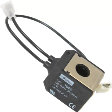 The Elektra 02121059 is a black rectangular 110v solenoid valve coil with two black wires and white connectors, labeled Parker YB09, and features electrical specs on the side. © 2025 1st-line.com
