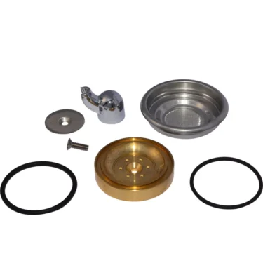 The Elektra 02268034 Pod Kit is shown on a white background, featuring a brass shower screen holder, metal shower screen, stainless steel filter basket, two rubber o-rings, a screw, and a chrome cap. © 2025 1st-line.com