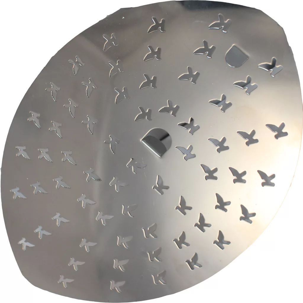 The Elektra 02530004 Upper Grill for Elektra Nivola is a round, silver metal disc with bird-shaped and geometric cutouts, including a central square cutout, and features a shiny, reflective finish. © 2025 1st-line.com