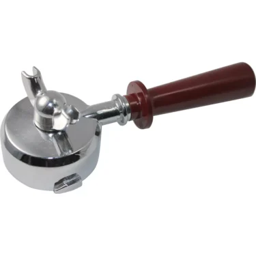 The Elektra 02561039 Portafilter—Nivola ground, 2 spout, no basket—features a metallic finish, round base, and brown handle, displayed on a white background. © 2025 1st-line.com