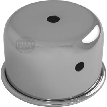 The Elektra 02986021 Chrome Solenoid Cover is a shiny, metallic, dome-shaped cover with two holes—one on the side and one on top—reflecting light off its smooth surface, shown against a plain white background. © 2025 1st-line.com