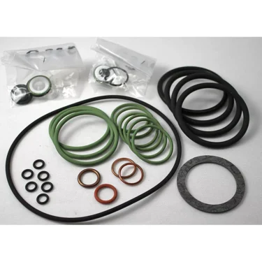 The Elektra 03086034 Gasket Set for Belle Epoque 3 GR features assorted O-rings and seals in various sizes and colors, displayed on a white surface with two small bags of metal parts in the background. © 2025 1st-line.com