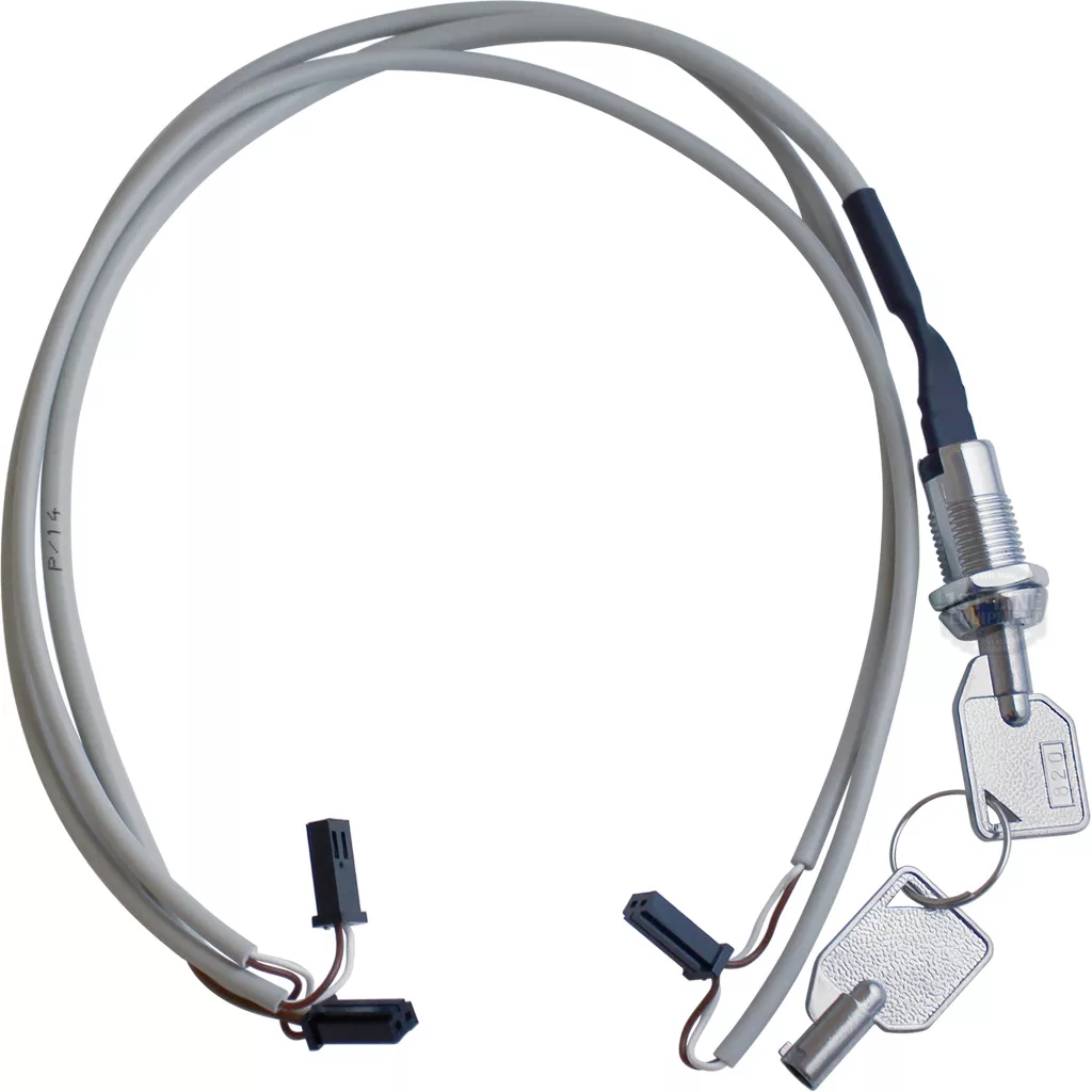 The Elektra 03197035 Program Cable for Classic 3 GR features a silver tubular lock with two gray cables and black connectors, plus two metallic keys inserted into its cylindrical, threaded lock body. © 2025 1st-line.com