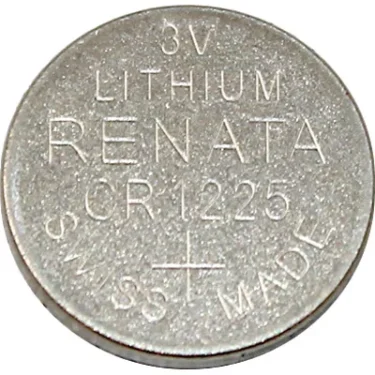 The Elektra 03338035 Buffer Battery is a 3V silver Renata lithium coin cell battery, model CR1225, Swiss Made with a plus sign showing the positive terminal. © 2025 1st-line.com