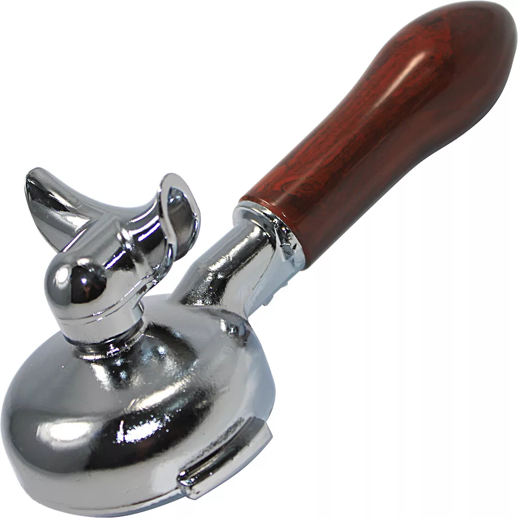 The Elektra 03435039 58mm Dual Spout Portafilter features a brown wooden handle and chrome finish, ideal for holding coffee grounds in espresso machines. © 2025 1st-line.com