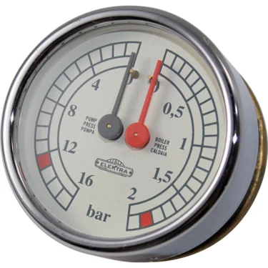 The Elektra 03664035 Dual Pressure Gauge is a round gauge with two needles—grey for pump pressure and red for boiler pressure—displaying 0 to 16 bars. The Elektra brand is clearly shown on the dial. © 2025 1st-line.com