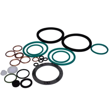 The Elektra 03714034 Gasket Set/Kit for the Elektra Sixties 2 group espresso machine features assorted circular seals in black, green, copper, white, and gray—neatly displayed on a white background. © 2025 1st-line.com