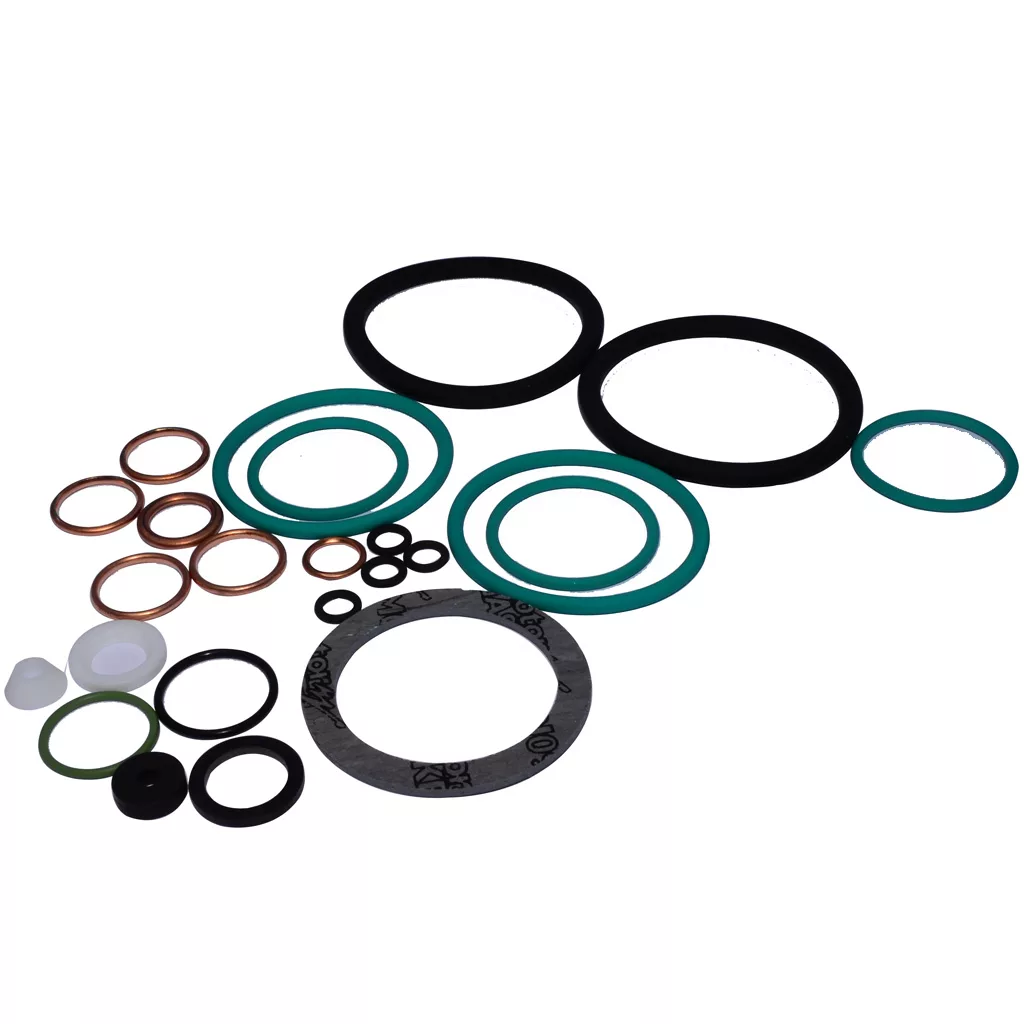 The Elektra 03714034 Gasket Set/Kit for the Elektra Sixties 2 group espresso machine features assorted circular seals in black, green, copper, white, and gray—neatly displayed on a white background. © 2025 1st-line.com