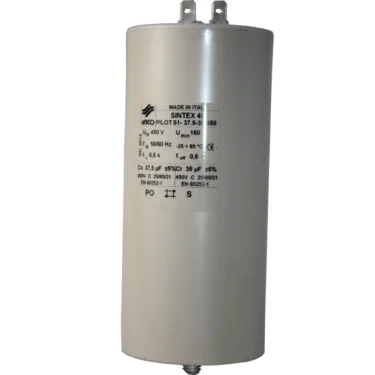 The Elektra 04051035 Capacitor (230V, 37.5+35MF) is a cylindrical, white unit with dual terminal posts and a printed label—perfect for the Elektra Nino Coffee Grinder. © 2025 1st-line.com