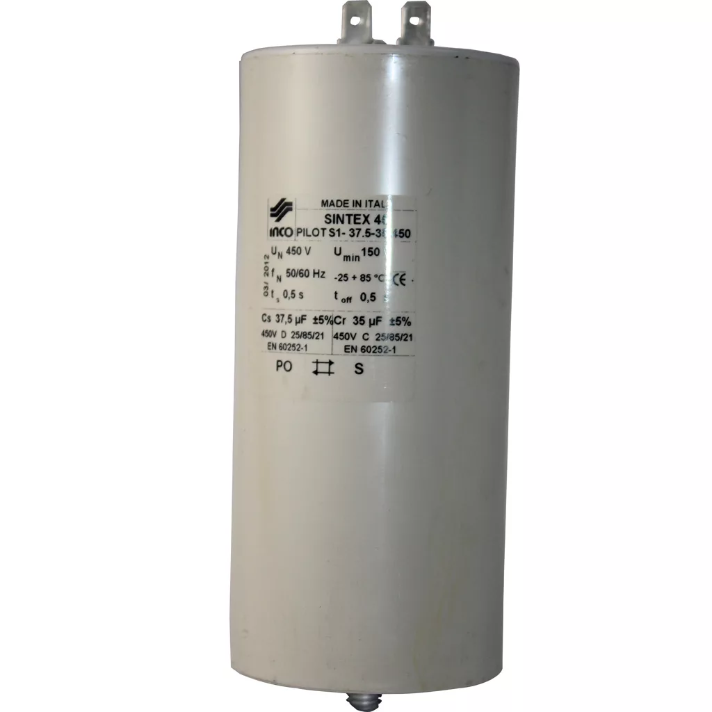 The Elektra 04051035 Capacitor (230V, 37.5+35MF) is a cylindrical, white unit with dual terminal posts and a printed label—perfect for the Elektra Nino Coffee Grinder. © 2025 1st-line.com