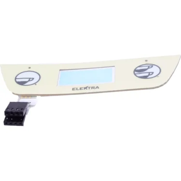 The Elektra 04060035 Push Button Panel has a curved design, a central digital screen, stylized E logos on each side, and a black connector on the left. © 2025 1st-line.com