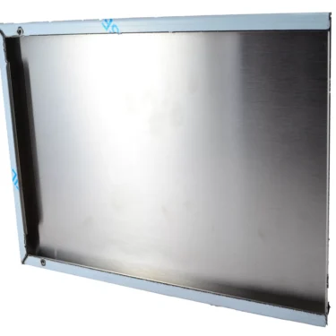 The Isomac 000553 Back Panel Millennium is a rectangular stainless steel panel with a smooth, reflective finish, bordered by a white metal frame with corner screws—ideal for the Isomac Millennium. © 2025 1st-line.com