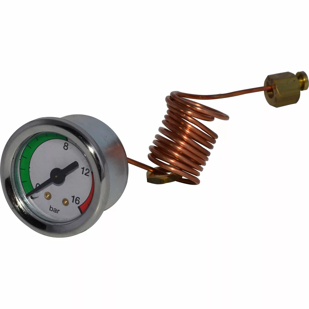 The Isomac 000714 Brew Pressure Gauge-16 bar for Tea Electronic features a round dial (0–16 bar), green/white/red pressure markings, and comes with a coiled copper tube and brass fitting—ideal for monitoring your espresso machine. © 2025 1st-line.com