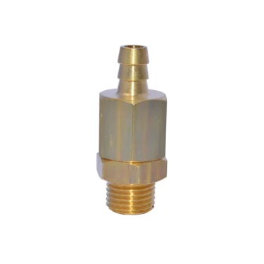 The Isomac 1/4 Bleeder/Vacuum breaker/Anti-syphon Valve with redirect features a brass hexagonal body, threaded male end, and barbed top, designed as a bleeder valve and shown isolated on a white background. © 2025 1st-line.com