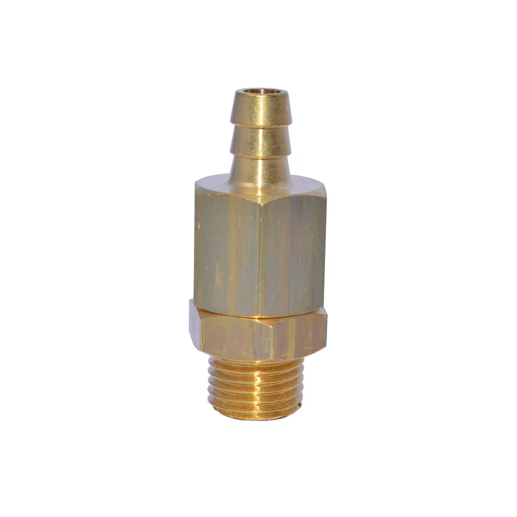 The Isomac 1/4 Bleeder/Vacuum breaker/Anti-syphon Valve with redirect features a brass hexagonal body, threaded male end, and barbed top, designed as a bleeder valve and shown isolated on a white background. © 2025 1st-line.com