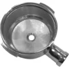 The Lelit MC001 57mm Portafilter Head, viewed from above, features a shiny reflective basket with a single large central hole and an attached handle on one side. © 2025 1st-line.com