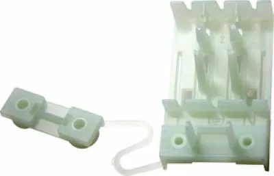 The Lelit MC025 Blocklead Terminal/Terminal Block Supporter PA228 is a white plastic holder with a detached cover, designed for two AA batteries side by side, featuring a small wire attached to the cover. © 2025 1st-line.com