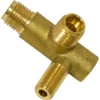 The Lelit MC041 Steam Valve Body is a brass T-shaped fitting with three threaded openings, ideal for connecting pipes or hoses in plumbing, gas systems, or use in Lelit espresso machines. © 2025 1st-line.com