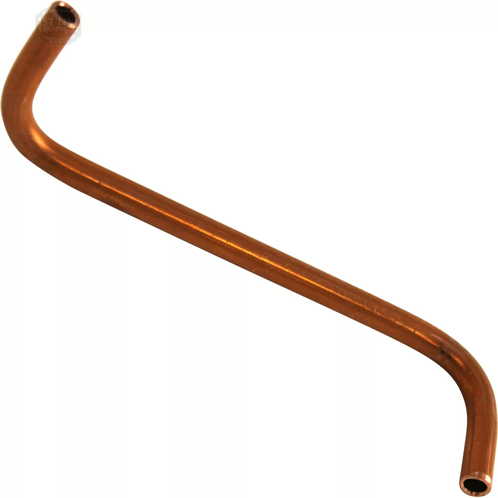 The Lelit MC963 Tube is a copper pipe with open ends, bent in an angular shape—perfect for repairing Lelit espresso machines and photographed against a white background. © 2025 1st-line.com