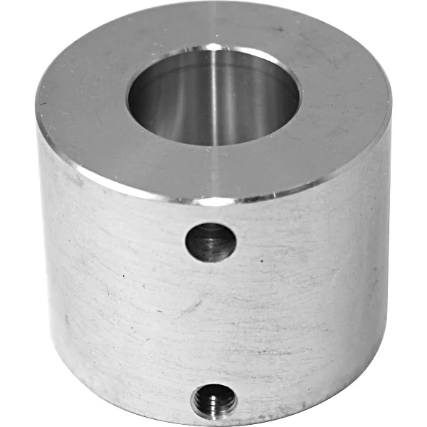 The Macap C0001CPS040 Left Locking Nut is a cylindrical metal shaft collar with a central hole and two threaded side holes, ideal for securing components onto a shaft in mechanical applications. © 2025 1st-line.com