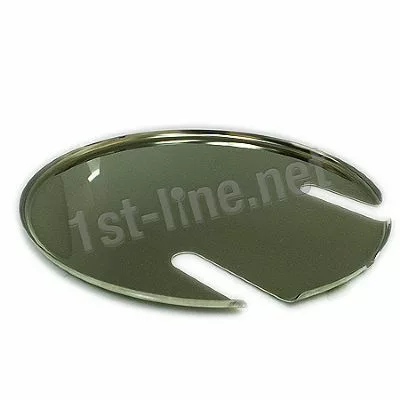 The Mazzer Drip Tray for Stark is a round, metallic tray with a flat surface, raised edge, and two side notches, shown against a white background. © 2025 1st-line.com