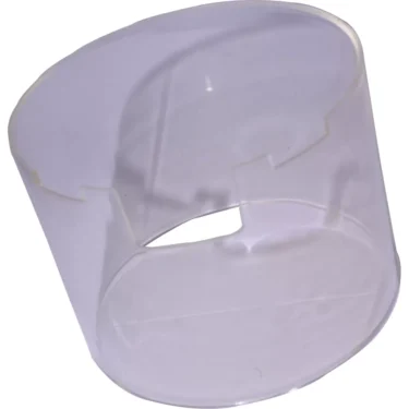 The Mazzer S000CIA02 Doser Plastic Glass is a clear, cylindrical part with a cut-out and notches along the top edge, shown against a white background. © 2025 1st-line.com