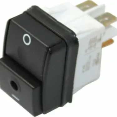 The Mazzer S000INA12 Power Switch is a black rectangular switch with a white circle symbol, mounted on a white plastic base with three metal prongs—compatible with Mazzer espresso machines. © 2025 1st-line.com