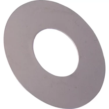 The Mazzer S000ROA02 Upper Doser Gasket is a flat, metallic part featuring a large central hole, shown at an angle on a white background. © 2025 1st-line.com