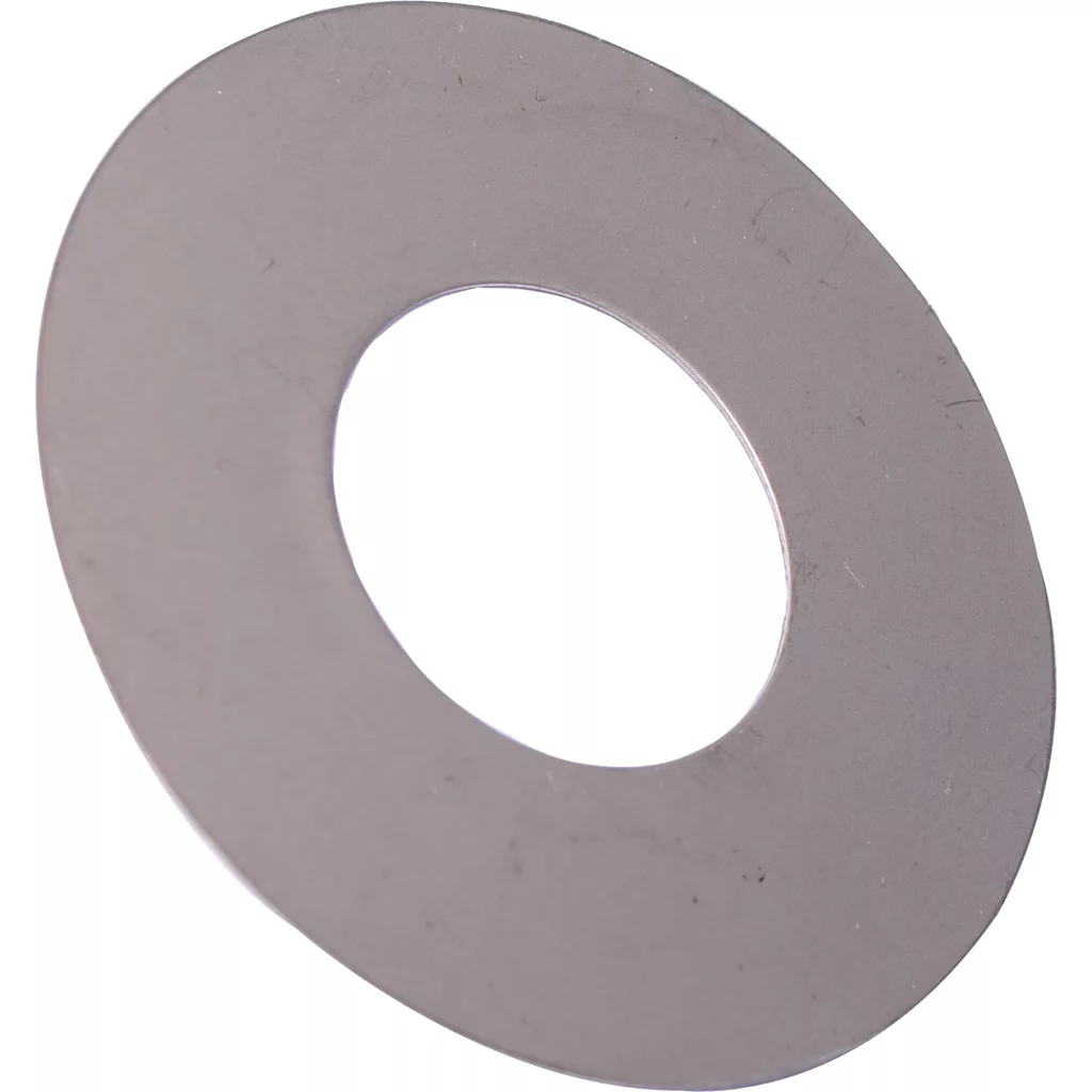 The Mazzer S000ROA02 Upper Doser Gasket is a flat, metallic part featuring a large central hole, shown at an angle on a white background. © 2025 1st-line.com