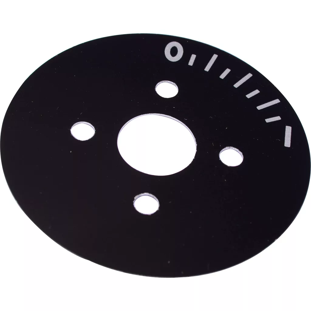 The Mazzer S000TAA03 Timer Switch Plate is a black, circular plate with five white markings, a zero, and four small holes around a larger central hole; designed for Mazzer equipment. © 2025 1st-line.com
