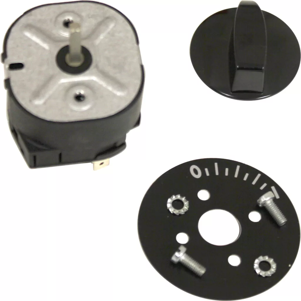 The Mazzer S000TIA02 Timer Switch, including a black control knob, a silver and black rotary switch, a numbered round dial plate, and three screws, is displayed against a white background. © 2025 1st-line.com