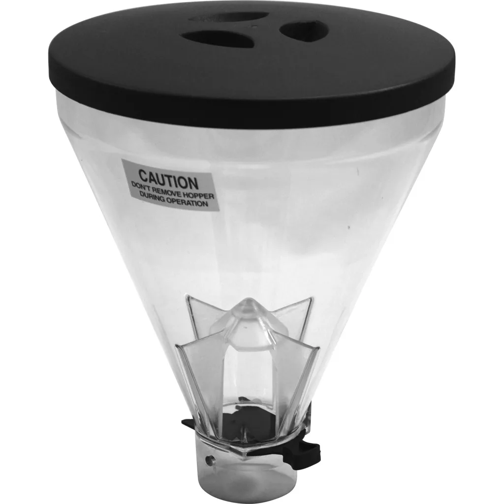 The Mazzer S00SCAEU2 Bean Hopper - COMPLETE - Super Jolly features a transparent body, black lid, caution label, funnel-shaped base, and metal attachment—designed specifically for Super Jolly coffee grinders. © 2025 1st-line.com