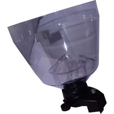 The Mazzer SKOSCAEU3 Complete Bean Hopper for Kony features a clear plastic body with a wide top opening and a black mounting base, ideal for holding and dispensing coffee beans in Mazzer Kony grinders. © 2025 1st-line.com